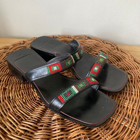 BRIGHTON Black Leather Aztec Southwestern Beaded Sam Sandals 90s Boho 8N - Picture 1 of 8